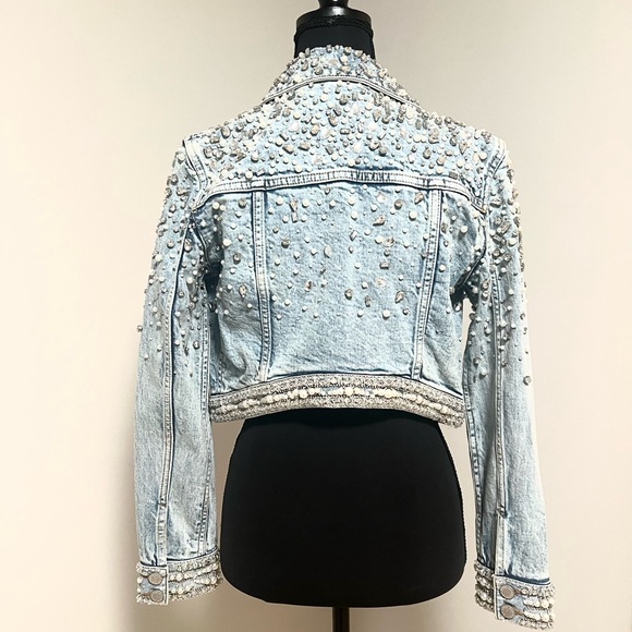Alice + Olivia Blue Cropped Pearl Jean Jacket - Picture 3 of 3